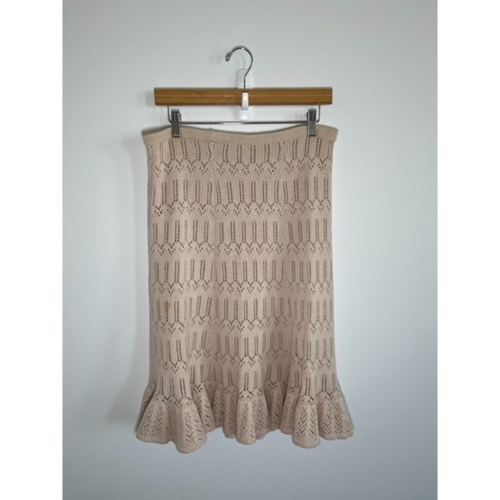 Womens Midi Skirt 10 Beige Boho Fairy Forest Granola Knit Ruffle Hem